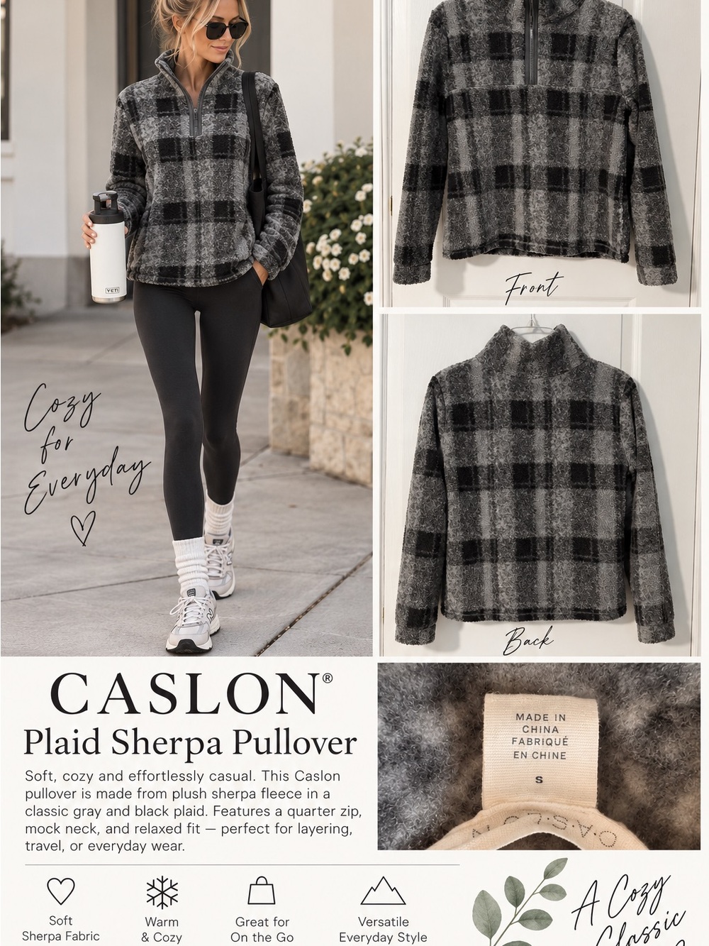 Caslon Gray & Black Plaid Sherpa Pullover Jacket